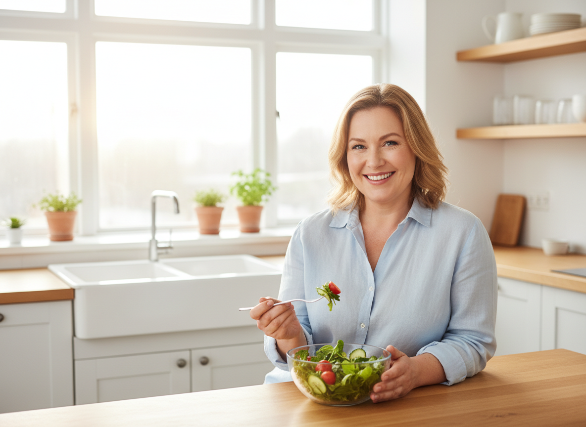 Woman eating healthy salad — PCOS and insulin resistance management