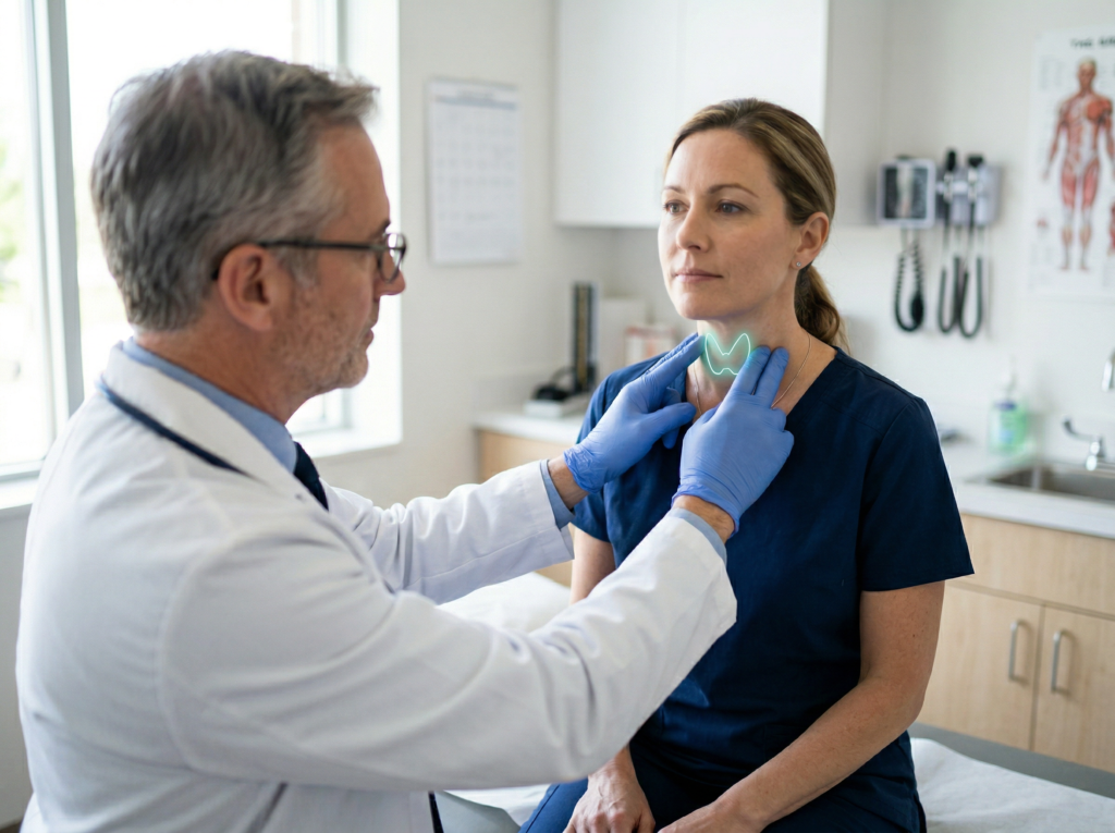 Doctor examining patient's thyroid gland for Hashimoto's disease