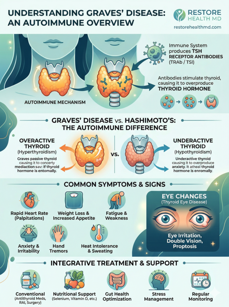 Graves disease vs Hashimoto's thyroid disease infographic - Restore Health MD Fairfield CT