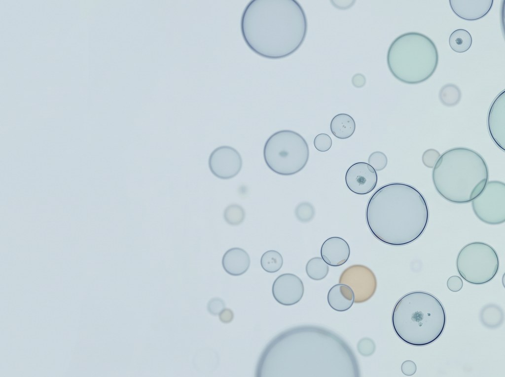 Abstract illustration of extracellular vesicles of varying size suspended in fluid