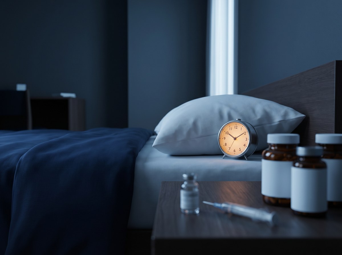 A dark bedroom at night with a glowing alarm clock reading just past three beside a pillow, and a vial, a syringe and supplement bottles on the nightstand in the foreground.